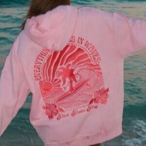 Pink Palm Puff Hoodie - "Everything Comes in Waves" Hoodie in Pink-Size XXS-BNWT